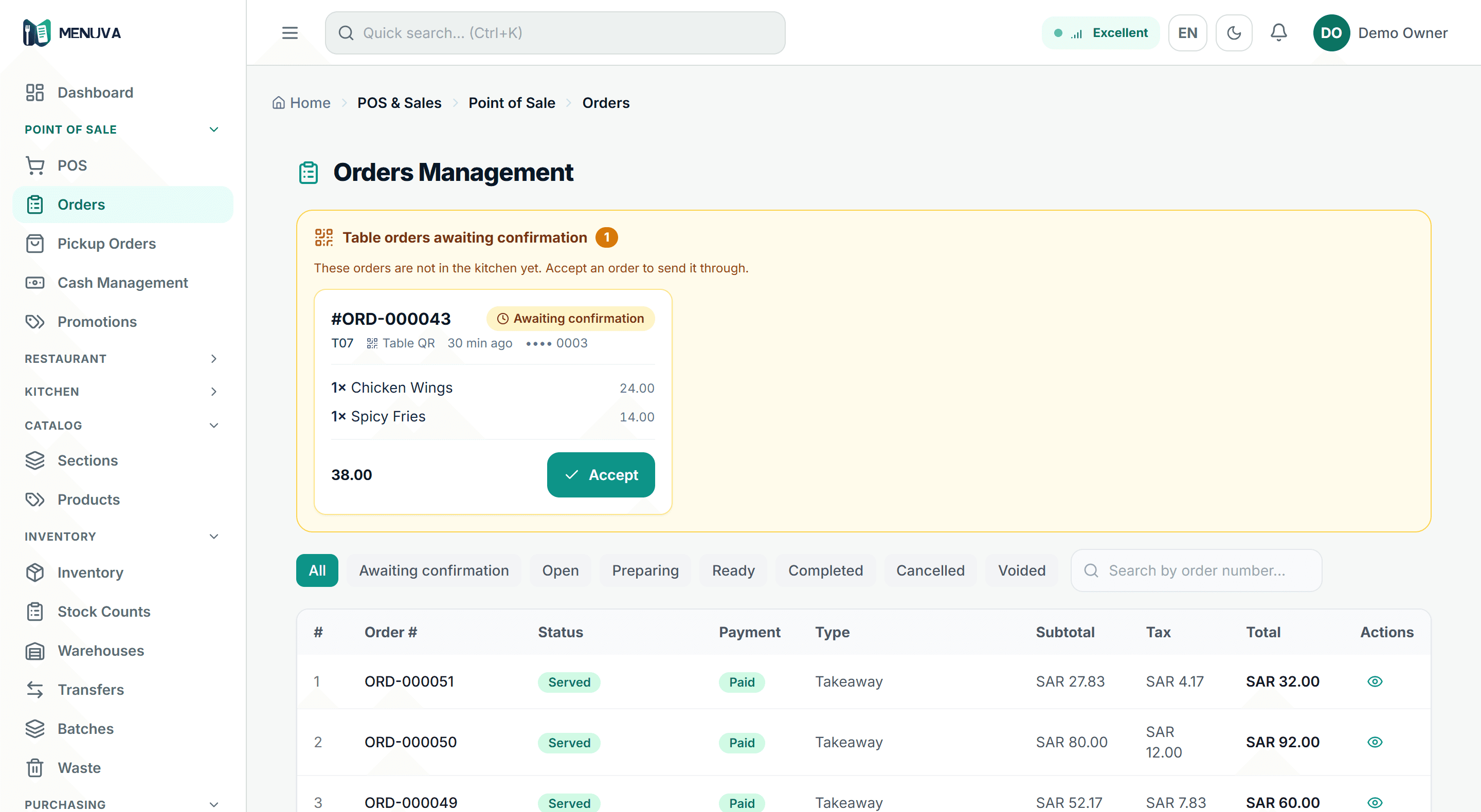 Orders screen: a QR table order awaiting staff confirmation, and till orders with their status, VAT and total in SAR